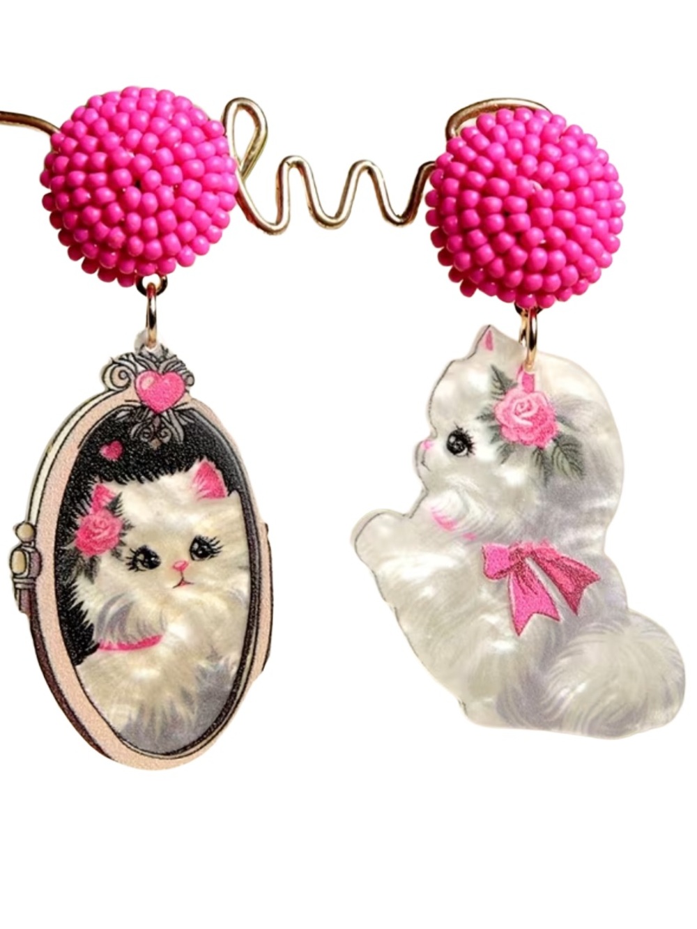 Retro 1950s Inspired Valentine Cat Charm Earrings with Hot Pink Beaded Ball Tops